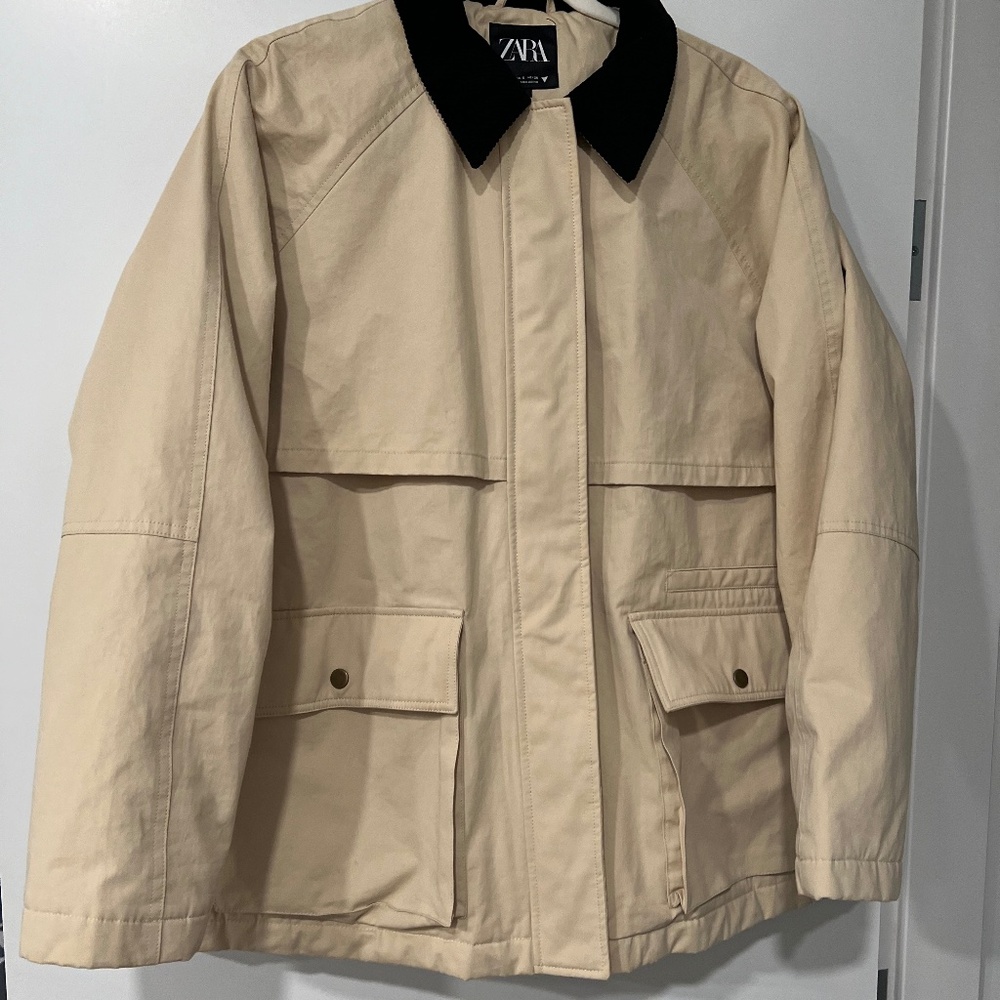 Zara Beige Trench-Style Utility Jacket with Black Collar - Picture 8 of 8
